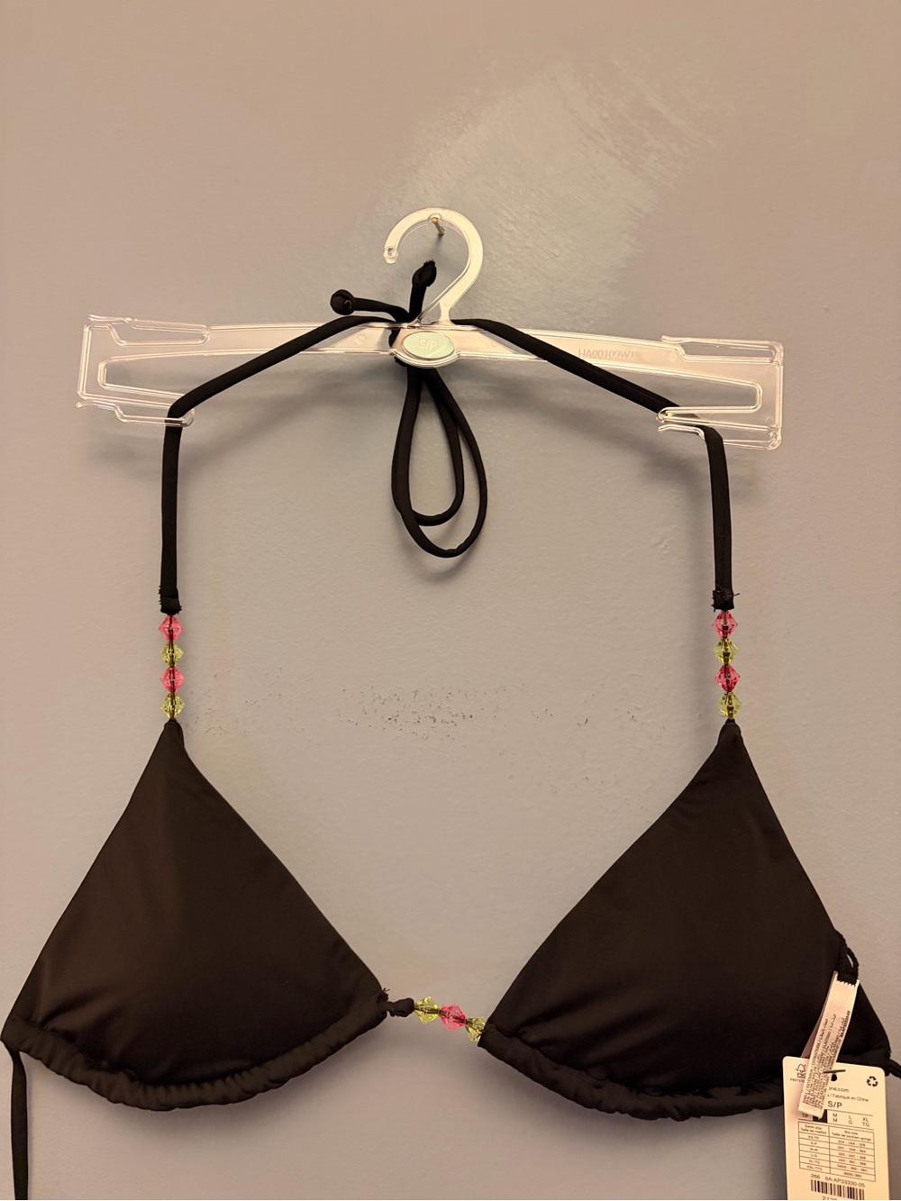 Black Triangle Bikini Top with Beaded Straps